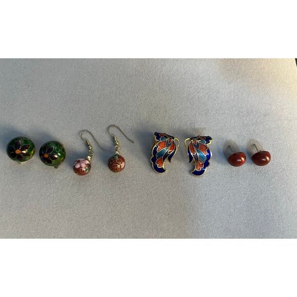 VTG Cloisonné Earring Lot of 4 Enamel Butterfly Dangle Floral Clip On Floral